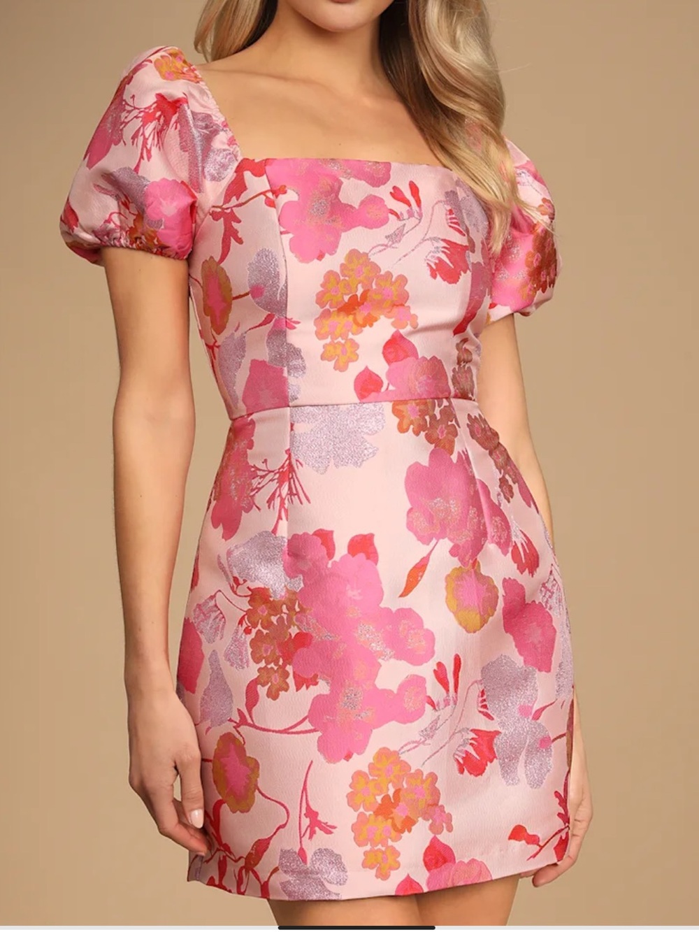 Lulu's So Stunning Light Pink Floral Jacquard Puff Sleeve Mini Dres